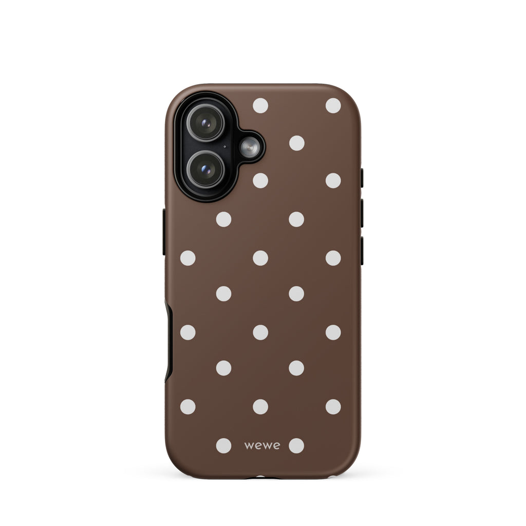 Cocoa brown iPhone case with evenly spaced cream-white polka dots