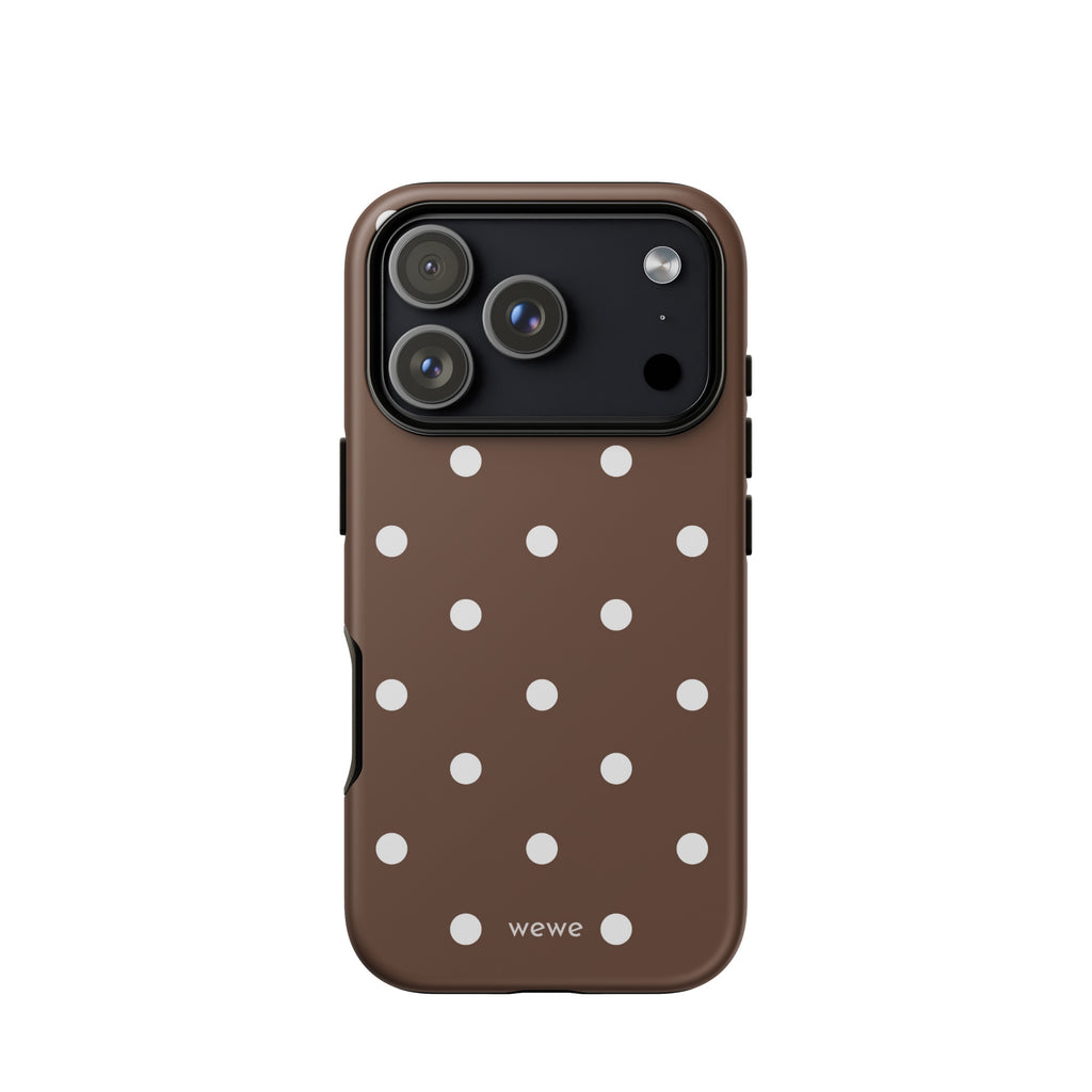 Cocoa brown iPhone case with evenly spaced cream-white polka dots