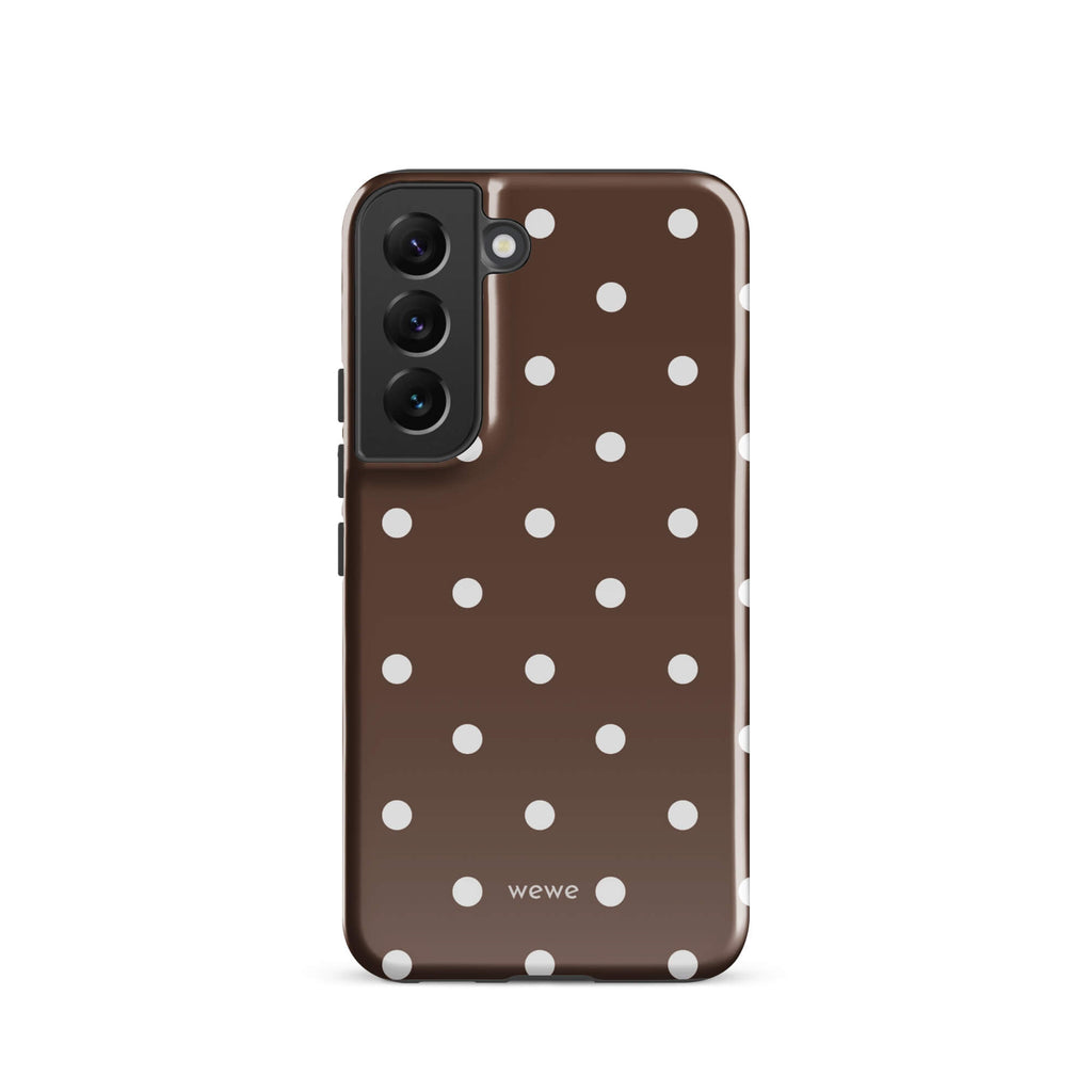 Cocoa brown iPhone case with evenly spaced cream-white polka dots