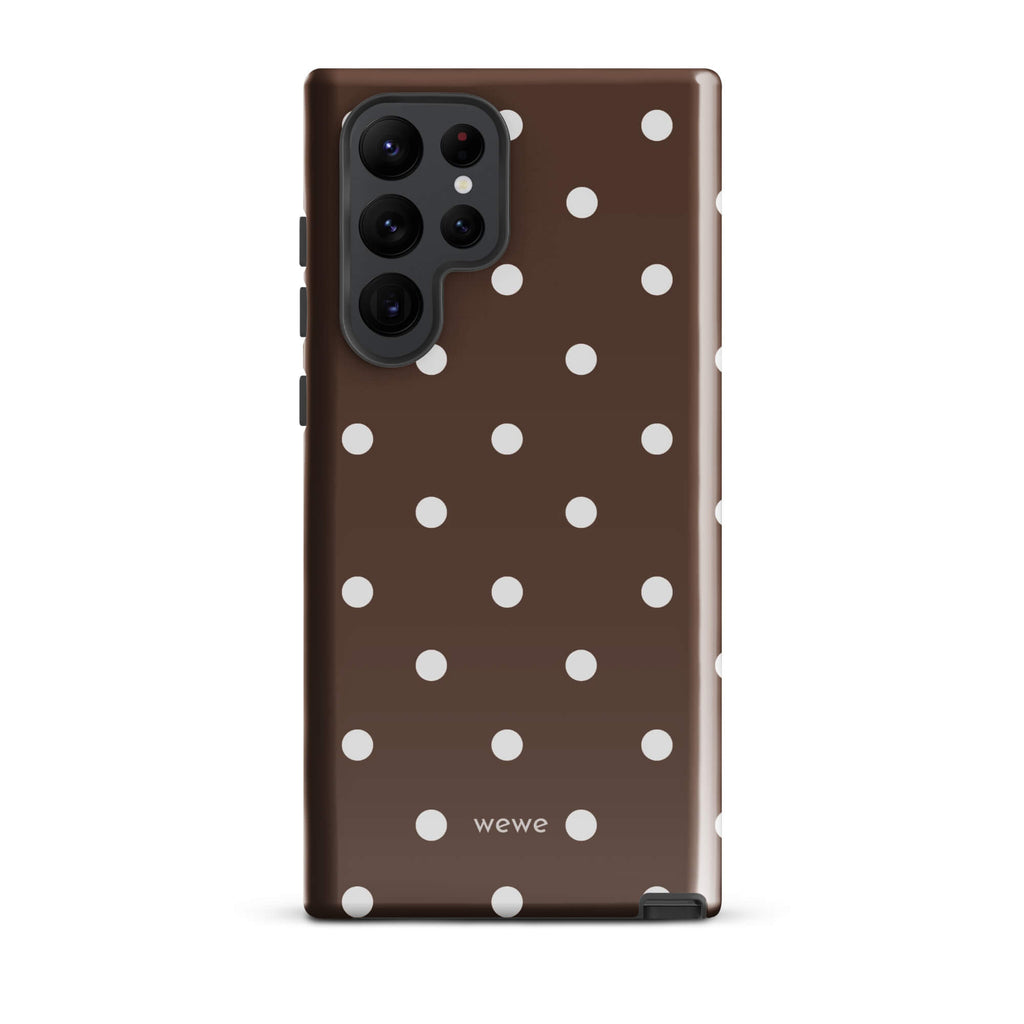 Cocoa brown iPhone case with evenly spaced cream-white polka dots