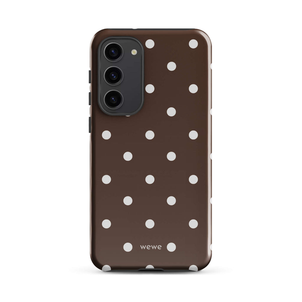 Cocoa brown iPhone case with evenly spaced cream-white polka dots