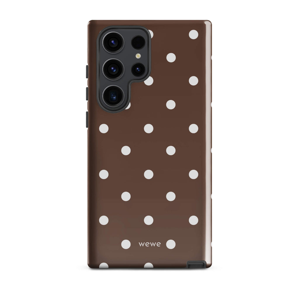 Cocoa brown iPhone case with evenly spaced cream-white polka dots