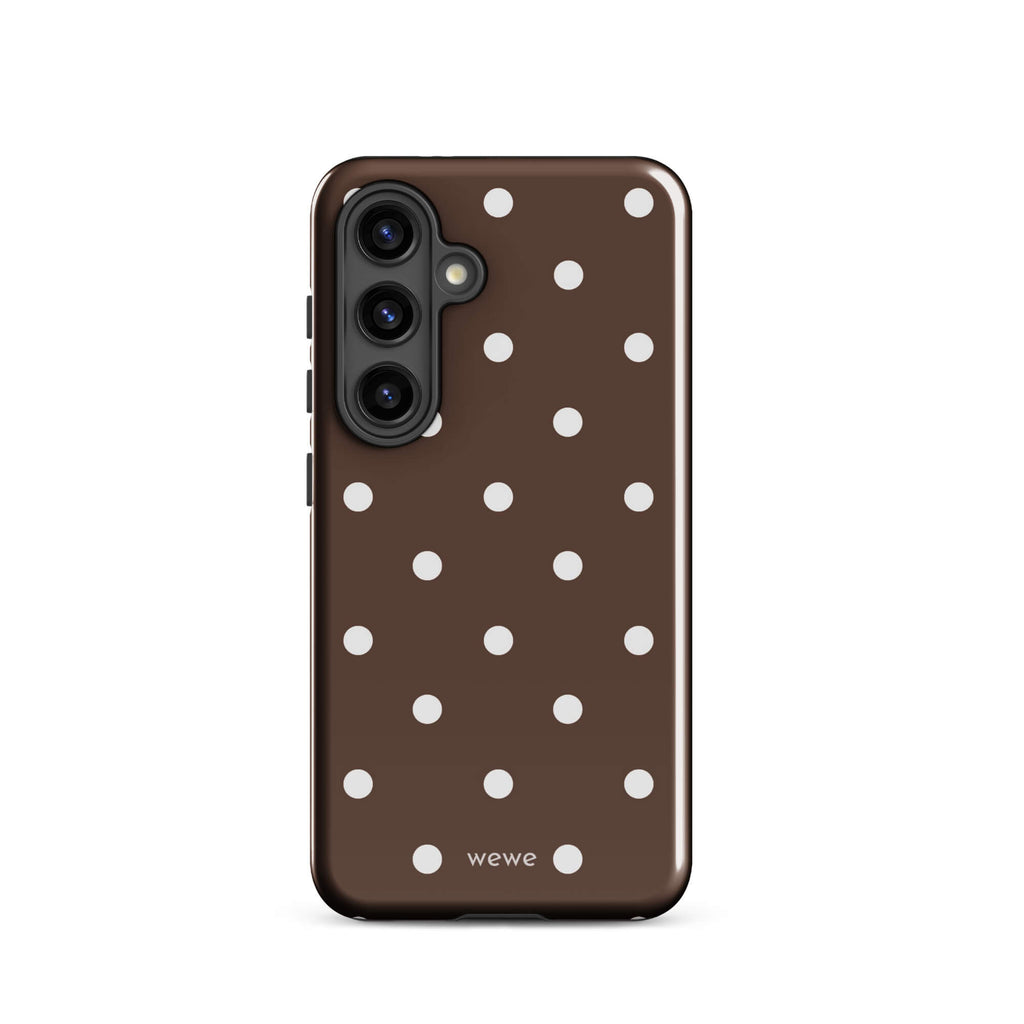 Cocoa brown iPhone case with evenly spaced cream-white polka dots