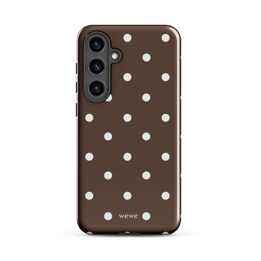 Cocoa brown iPhone case with evenly spaced cream-white polka dots