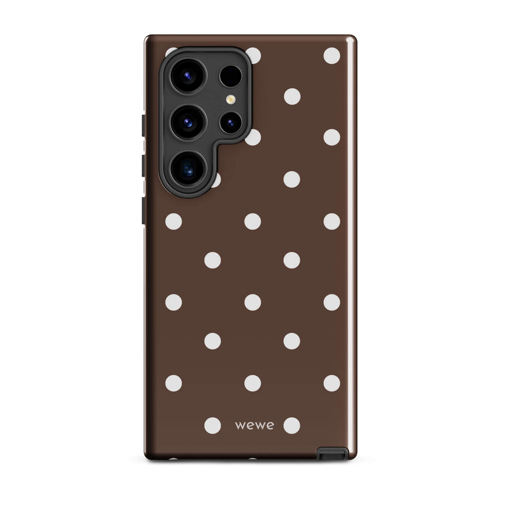 Cocoa brown iPhone case with evenly spaced cream-white polka dots