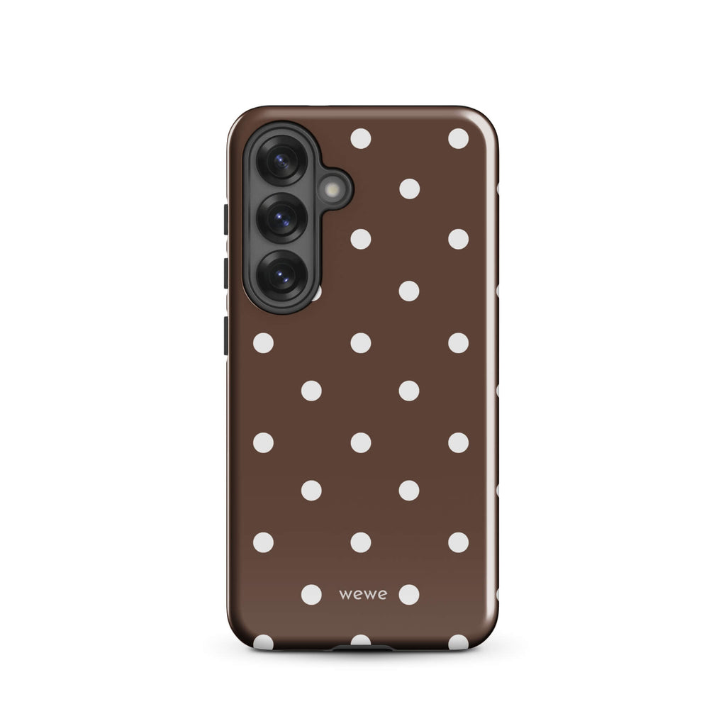 Cocoa brown iPhone case with evenly spaced cream-white polka dots