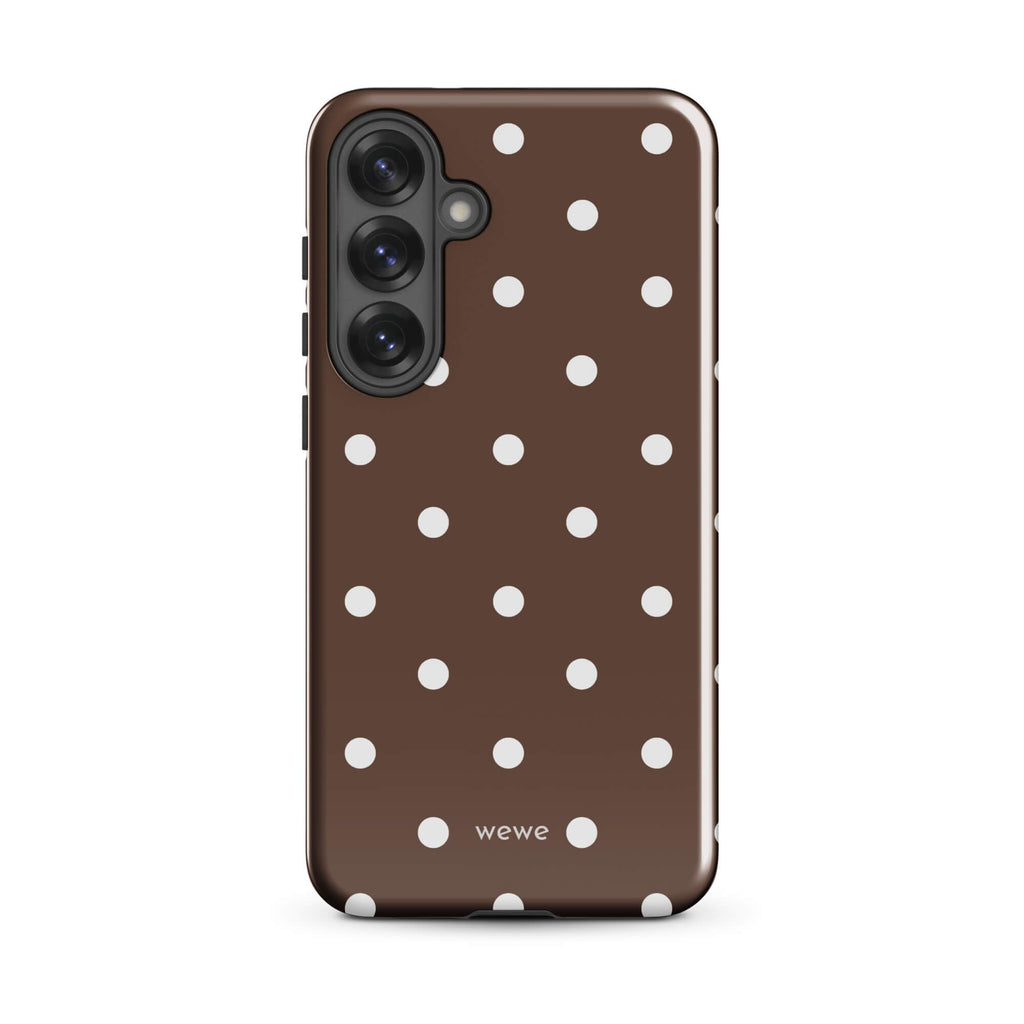 Cocoa brown iPhone case with evenly spaced cream-white polka dots