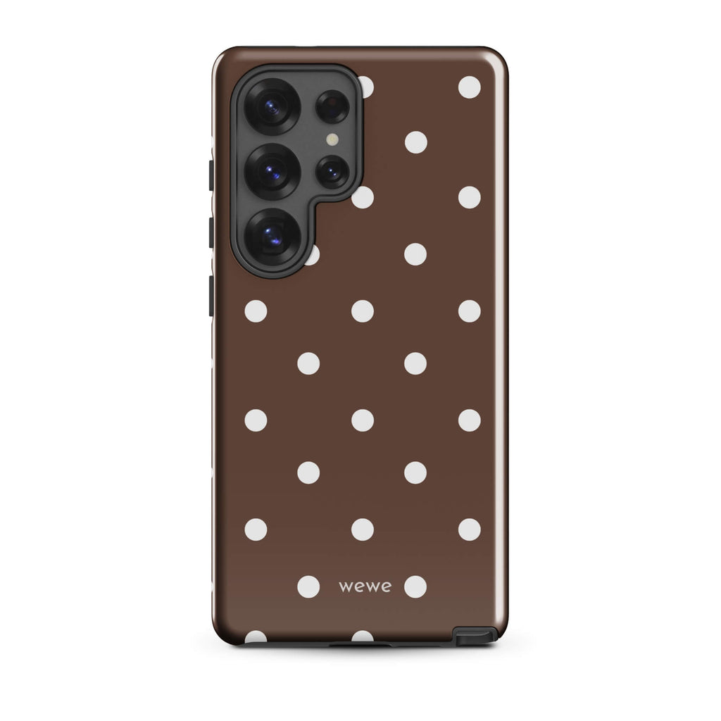 Cocoa brown iPhone case with evenly spaced cream-white polka dots