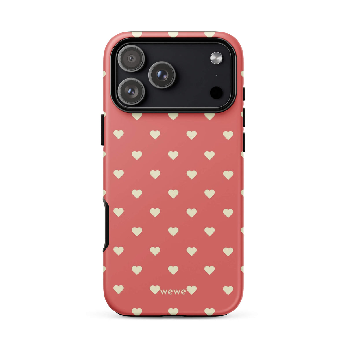 Coral-pink iPhone case with evenly spaced soft-cream mini hearts