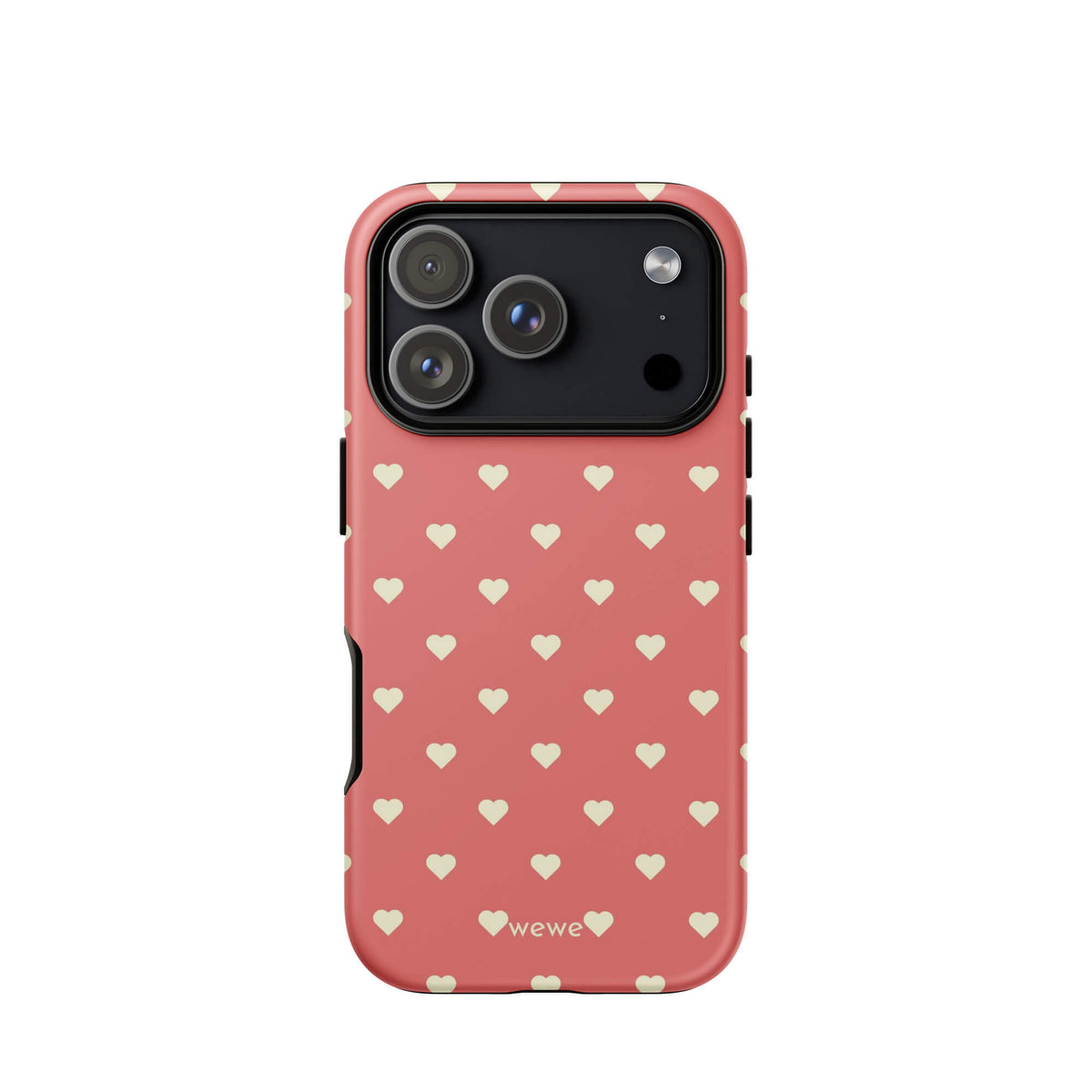 Coral-pink iPhone case with evenly spaced soft-cream mini hearts