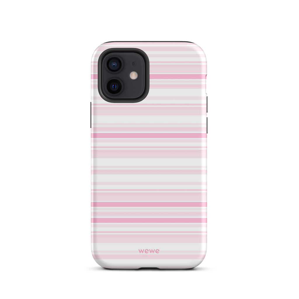 Cream-white iPhone case with mixed-width blush-pink horizontal stripes