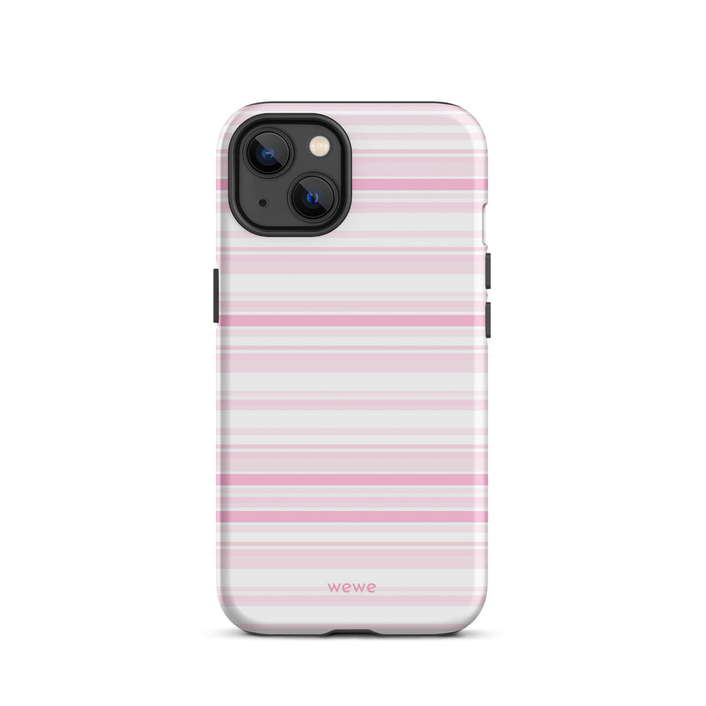 Cream-white iPhone case with mixed-width blush-pink horizontal stripes