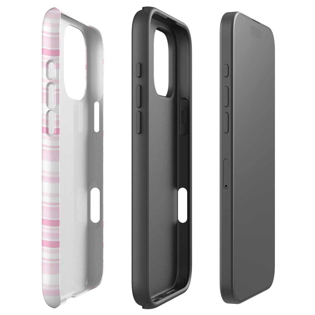 Cream-white iPhone case with mixed-width blush-pink horizontal stripes