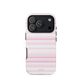 Cream-white iPhone case with mixed-width blush-pink horizontal stripes