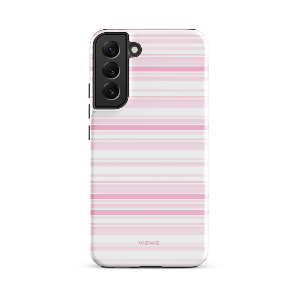 Cream-white iPhone case with mixed-width blush-pink horizontal stripes