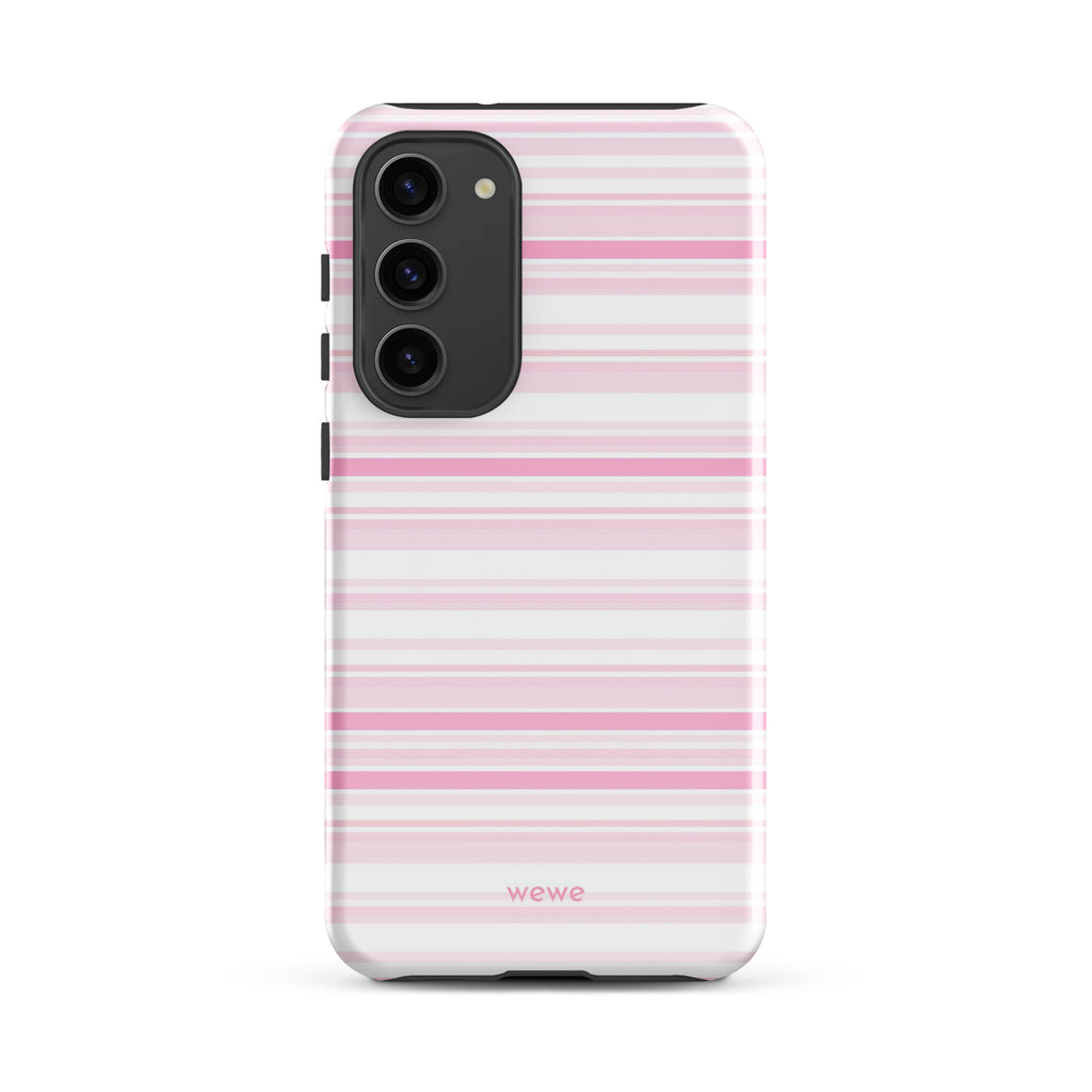 Cream-white iPhone case with mixed-width blush-pink horizontal stripes