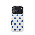 Cream-white iPhone case with large cobalt-blue polka dots