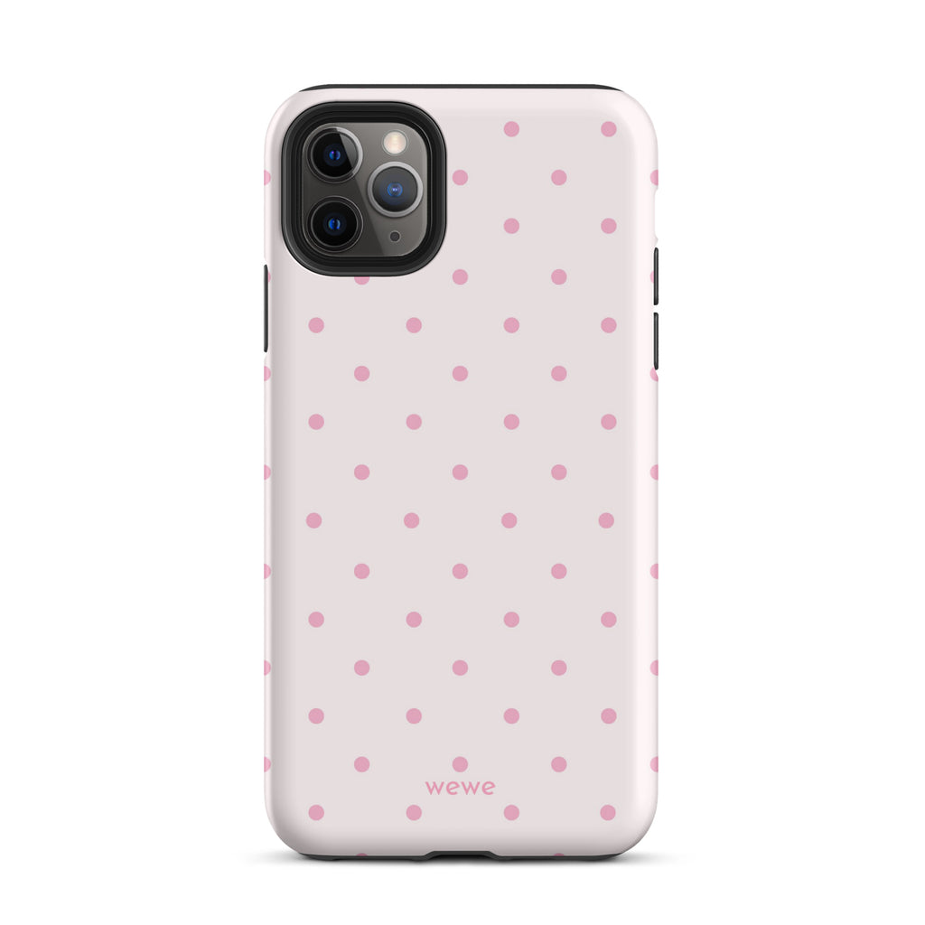 Soft pink polka dot iPhone case, perfect for coquette girls, pink lovers, aesthetic design.