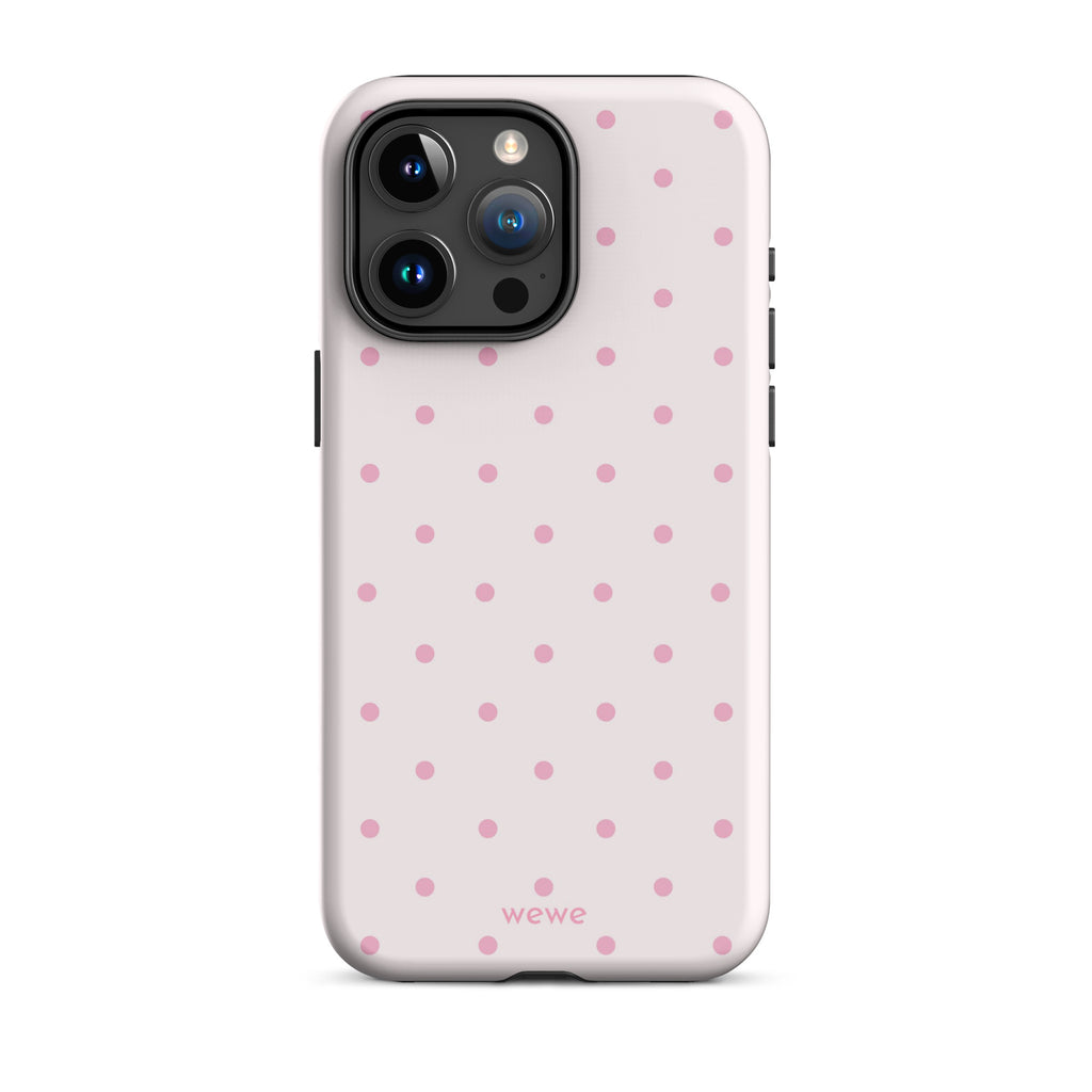 Soft pink polka dot iPhone case, perfect for coquette girls, pink lovers, aesthetic design.