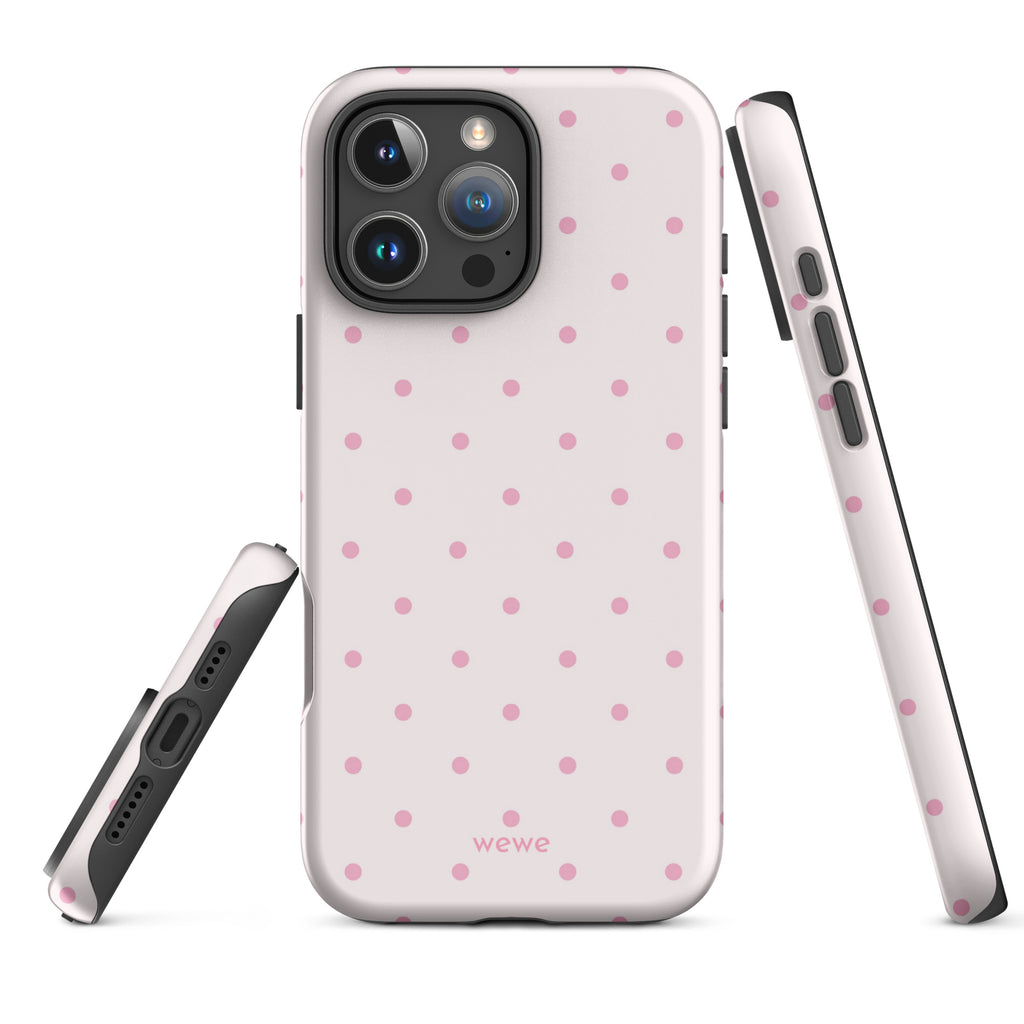 Soft pink polka dot iPhone case, perfect for coquette girls, pink lovers, aesthetic design.