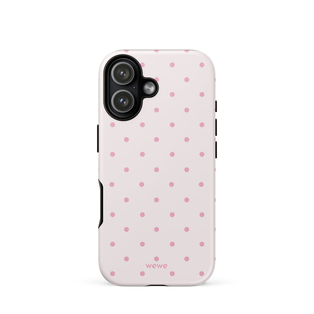 Soft pink polka dot iPhone case, perfect for coquette girls, pink lovers, aesthetic design.