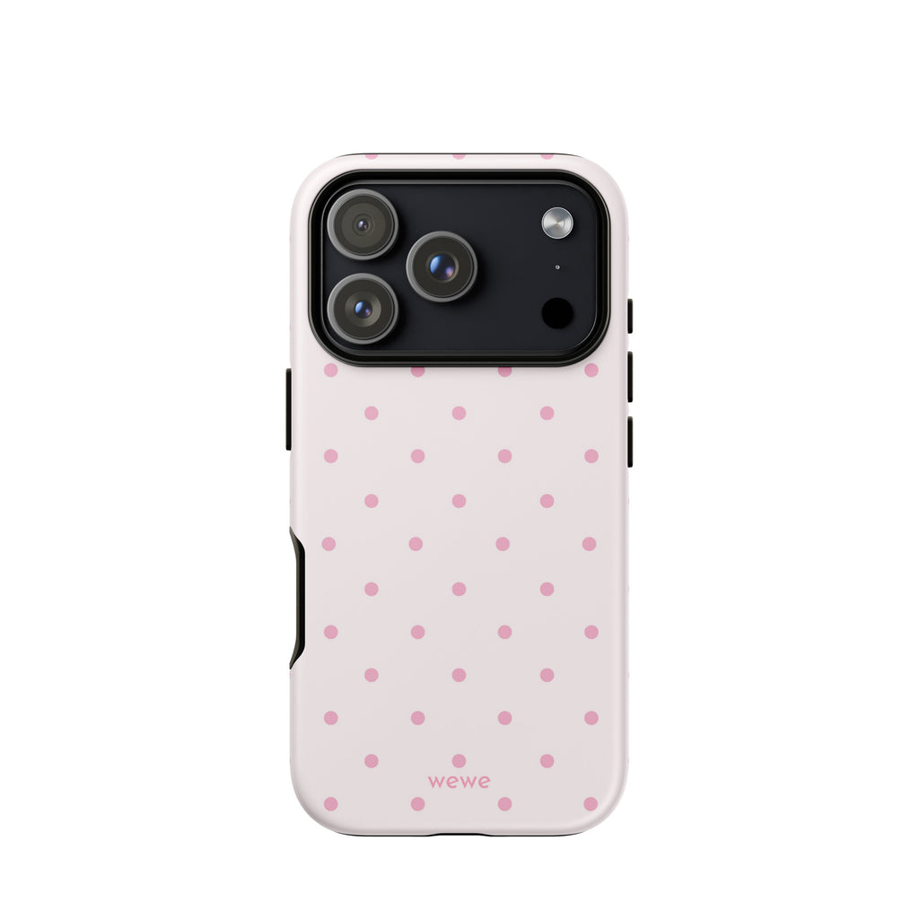 Soft pink polka dot iPhone case, perfect for coquette girls, pink lovers, aesthetic design.