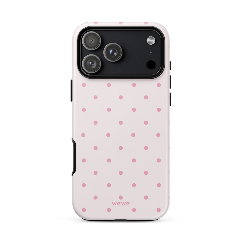 Soft pink polka dot iPhone case, perfect for coquette girls, pink lovers, aesthetic design.