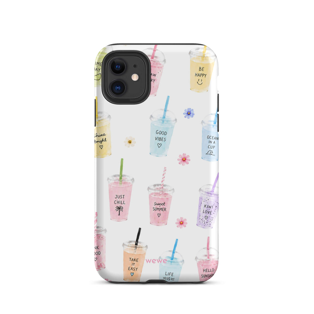Cute Summer Drink Phone Case featuring colorful pastel iced coffees, fruity drinks, tiny flowers and handwritten good-vibes phrases on a soft white background