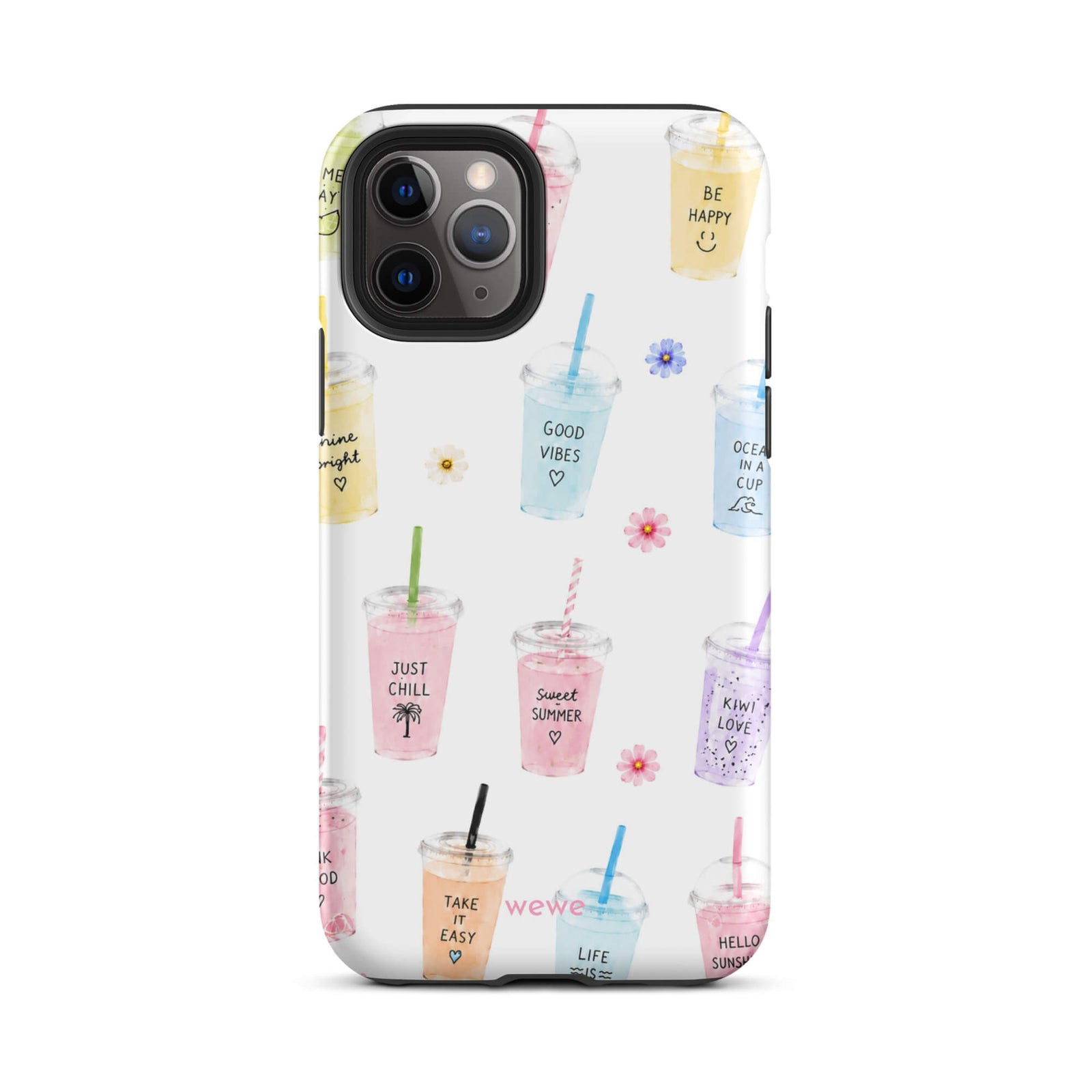 Cute Summer Drink Phone Case featuring colorful pastel iced coffees, fruity drinks, tiny flowers and handwritten good-vibes phrases on a soft white background