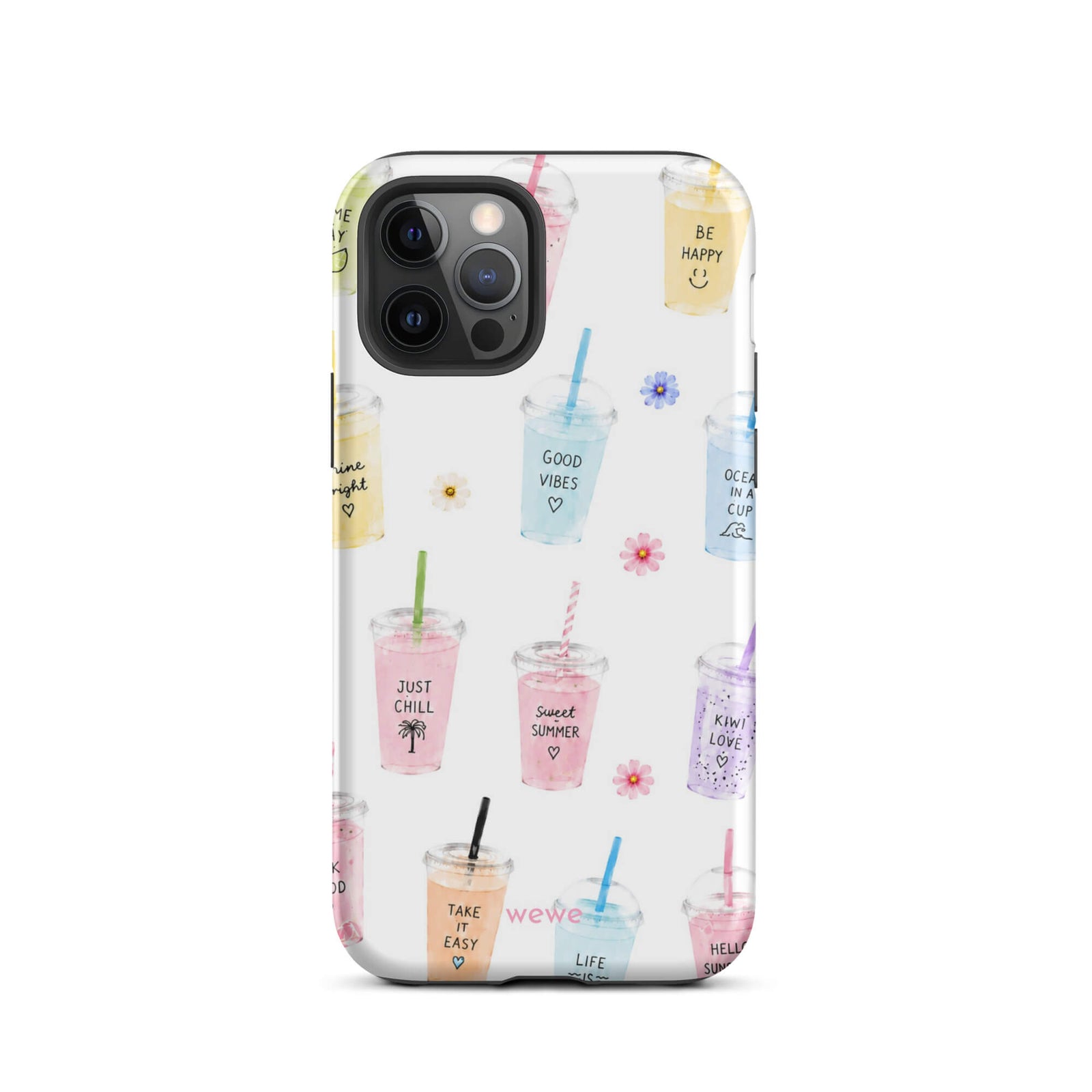 Cute Summer Drink Phone Case featuring colorful pastel iced coffees, fruity drinks, tiny flowers and handwritten good-vibes phrases on a soft white background
