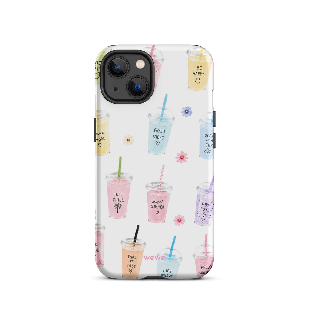 Cute Summer Drink Phone Case featuring colorful pastel iced coffees, fruity drinks, tiny flowers and handwritten good-vibes phrases on a soft white background