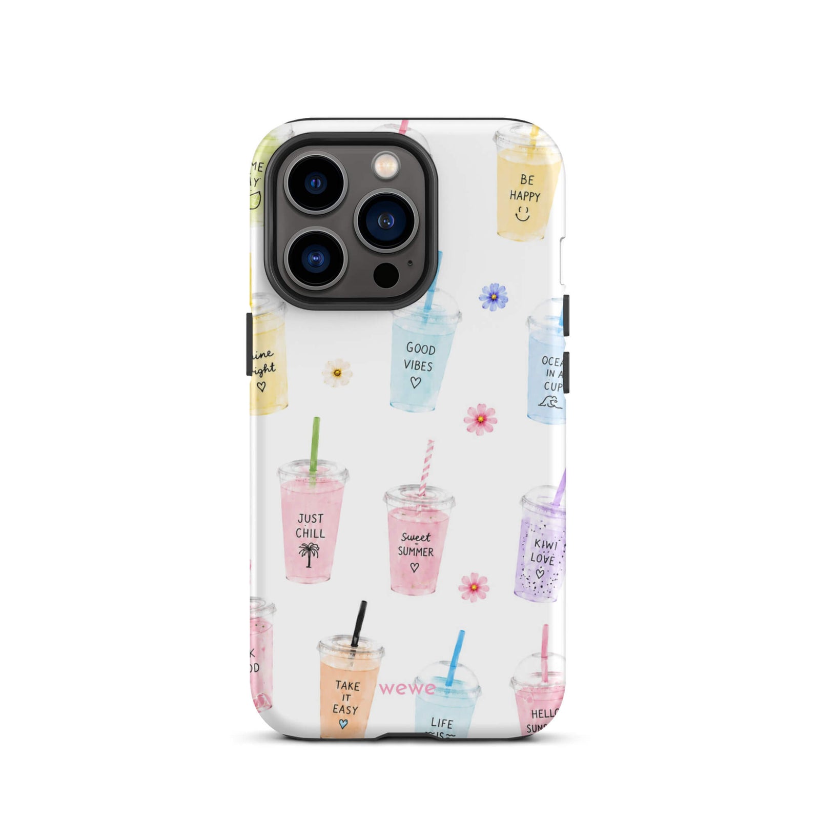 Cute Summer Drink Phone Case featuring colorful pastel iced coffees, fruity drinks, tiny flowers and handwritten good-vibes phrases on a soft white background