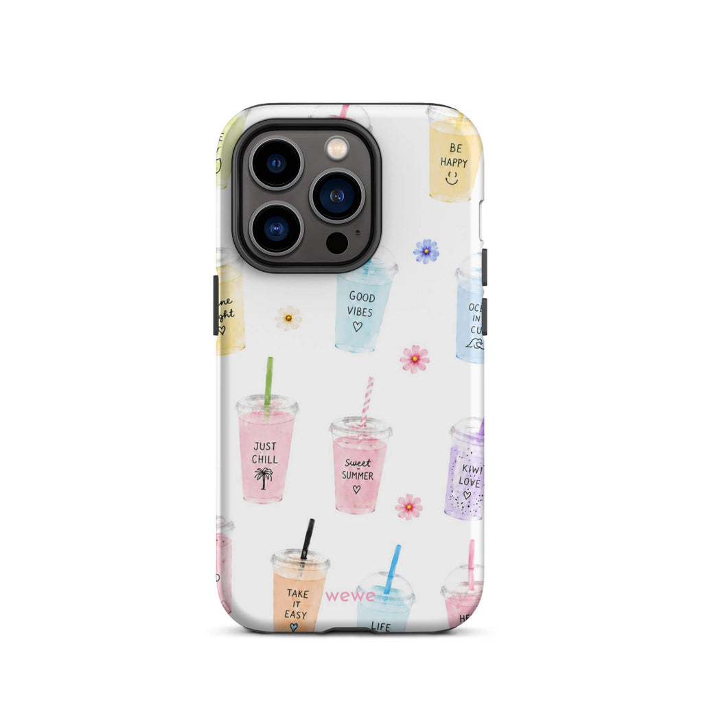 Cute Summer Drink Phone Case featuring colorful pastel iced coffees, fruity drinks, tiny flowers and handwritten good-vibes phrases on a soft white background