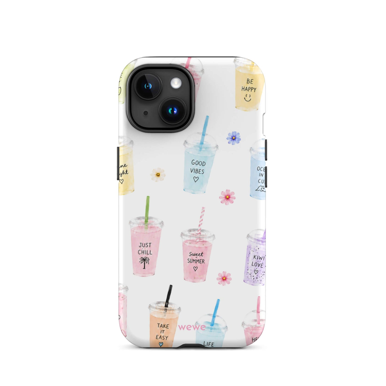 Cute Summer Drink Phone Case featuring colorful pastel iced coffees, fruity drinks, tiny flowers and handwritten good-vibes phrases on a soft white background