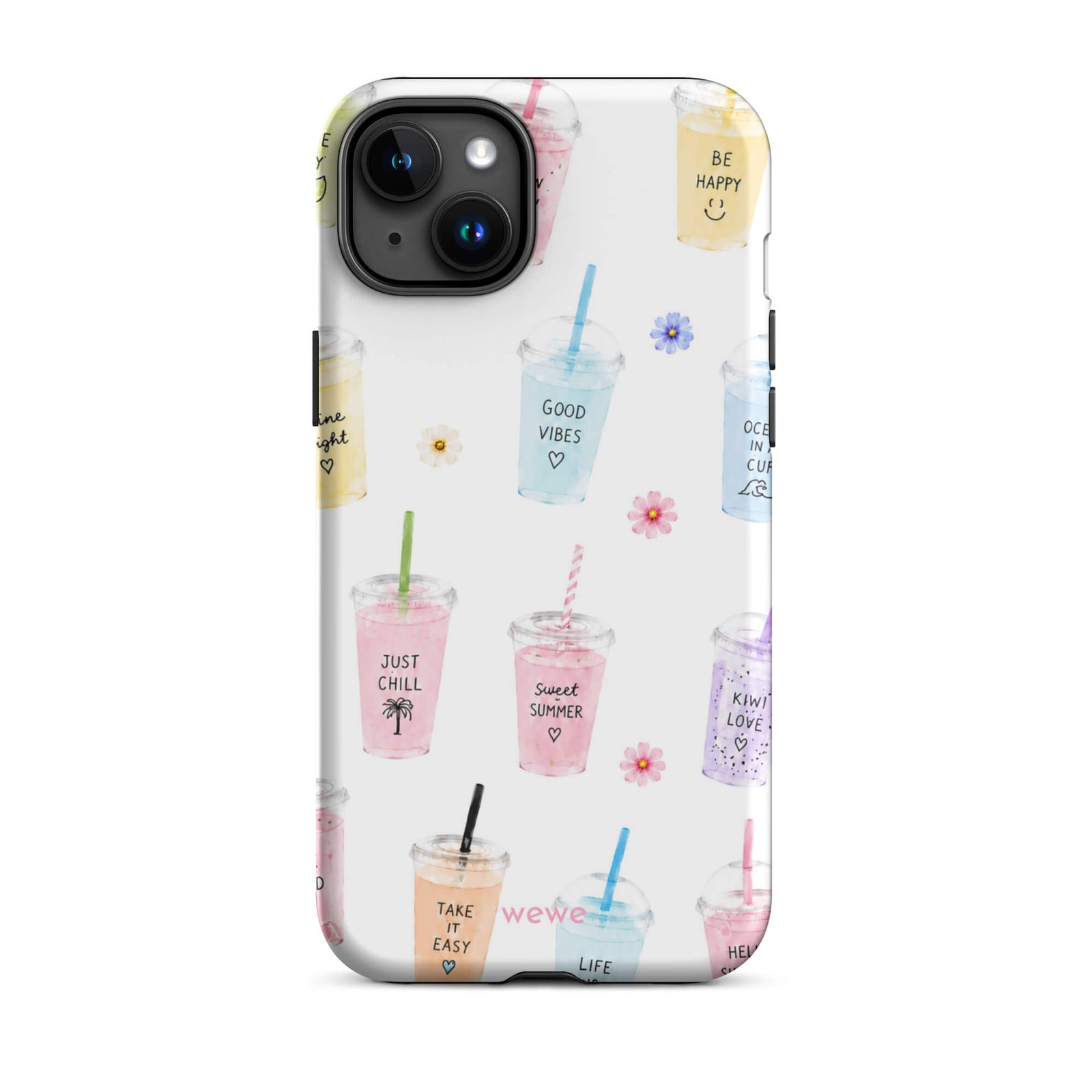Cute Summer Drink Phone Case featuring colorful pastel iced coffees, fruity drinks, tiny flowers and handwritten good-vibes phrases on a soft white background