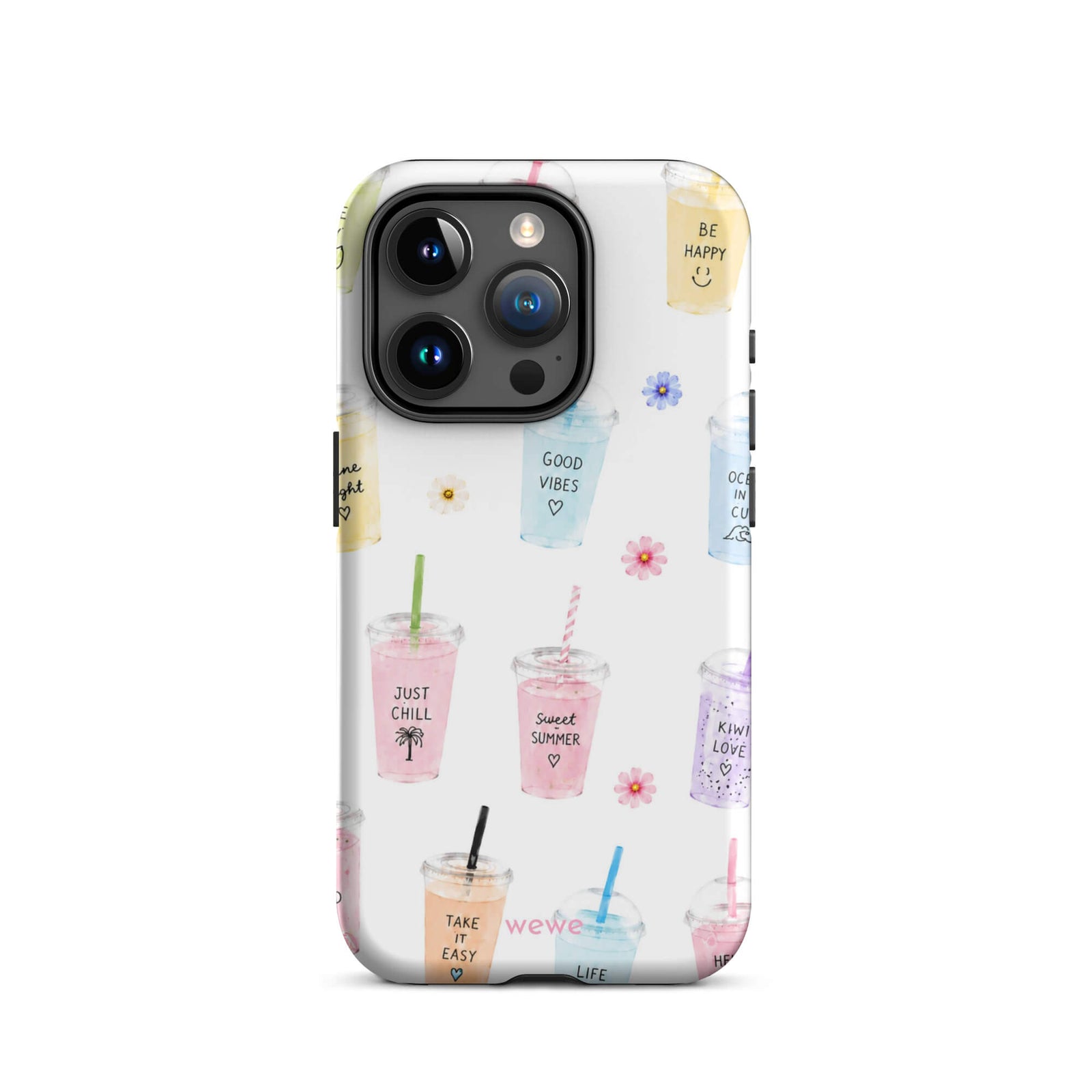 Cute Summer Drink Phone Case featuring colorful pastel iced coffees, fruity drinks, tiny flowers and handwritten good-vibes phrases on a soft white background