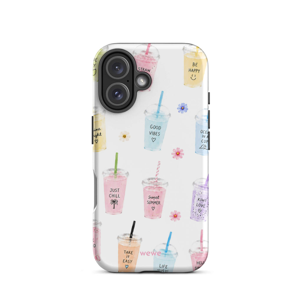 Cute Summer Drink Phone Case featuring colorful pastel iced coffees, fruity drinks, tiny flowers and handwritten good-vibes phrases on a soft white background