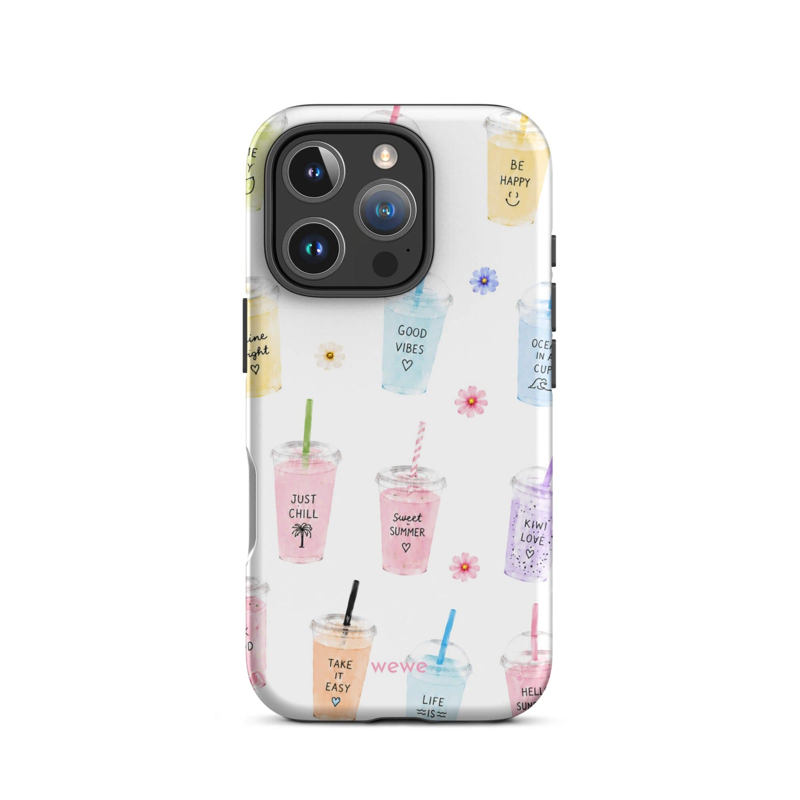 Cute Summer Drink Phone Case featuring colorful pastel iced coffees, fruity drinks, tiny flowers and handwritten good-vibes phrases on a soft white background