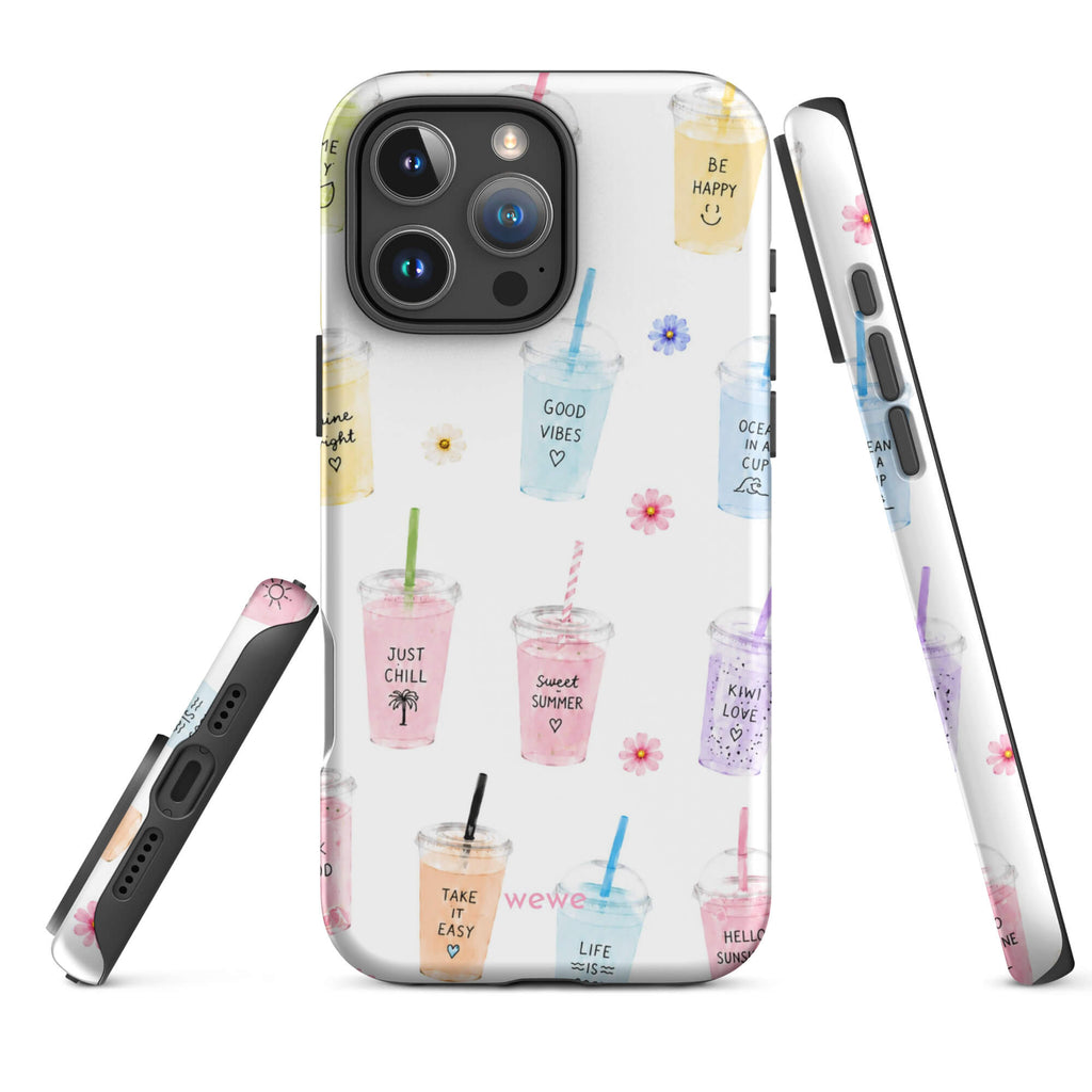 Cute Summer Drink Phone Case featuring colorful pastel iced coffees, fruity drinks, tiny flowers and handwritten good-vibes phrases on a soft white background
