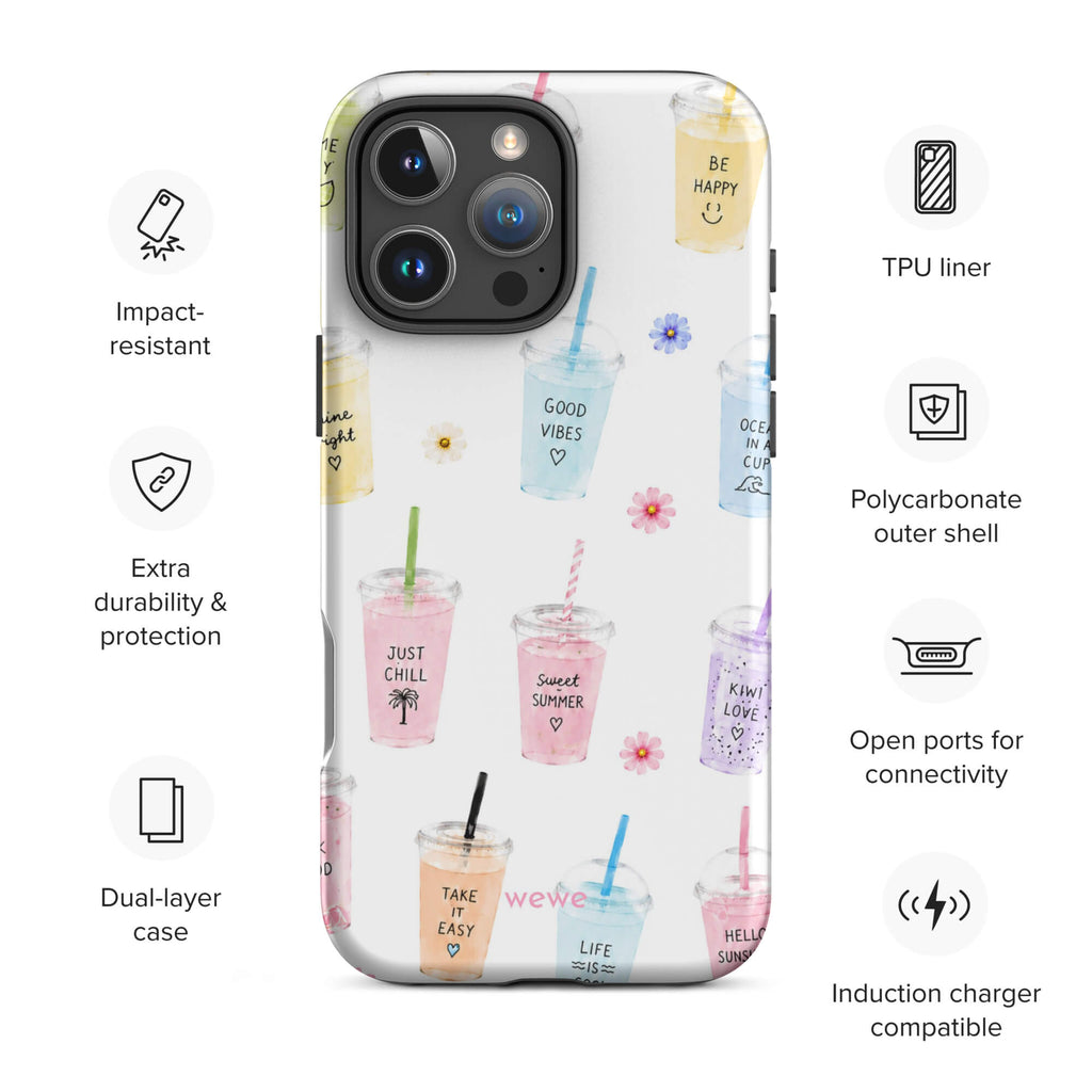 Cute Summer Drink Phone Case featuring colorful pastel iced coffees, fruity drinks, tiny flowers and handwritten good-vibes phrases on a soft white background