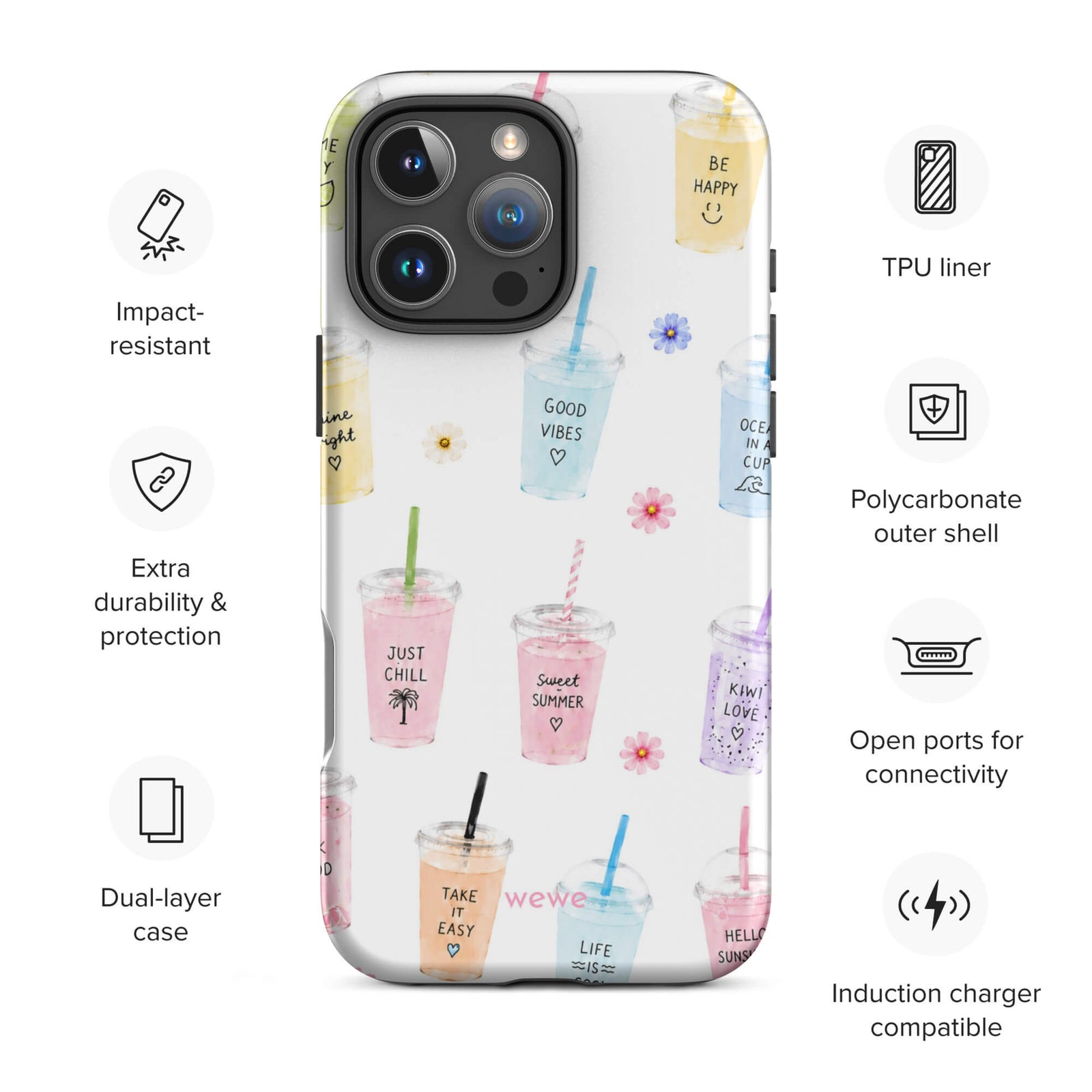 Cute Summer Drink Phone Case featuring colorful pastel iced coffees, fruity drinks, tiny flowers and handwritten good-vibes phrases on a soft white background