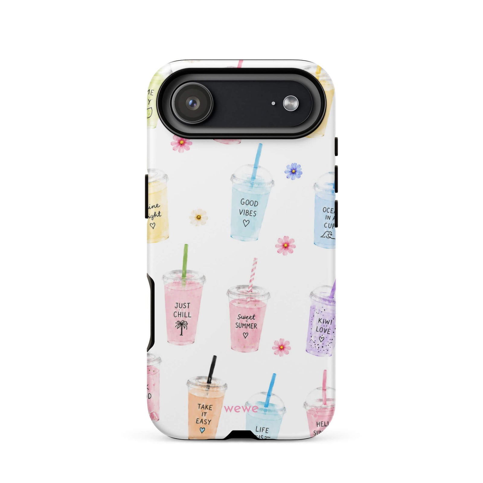 Cute Summer Drink Phone Case featuring colorful pastel iced coffees, fruity drinks, tiny flowers and handwritten good-vibes phrases on a soft white background