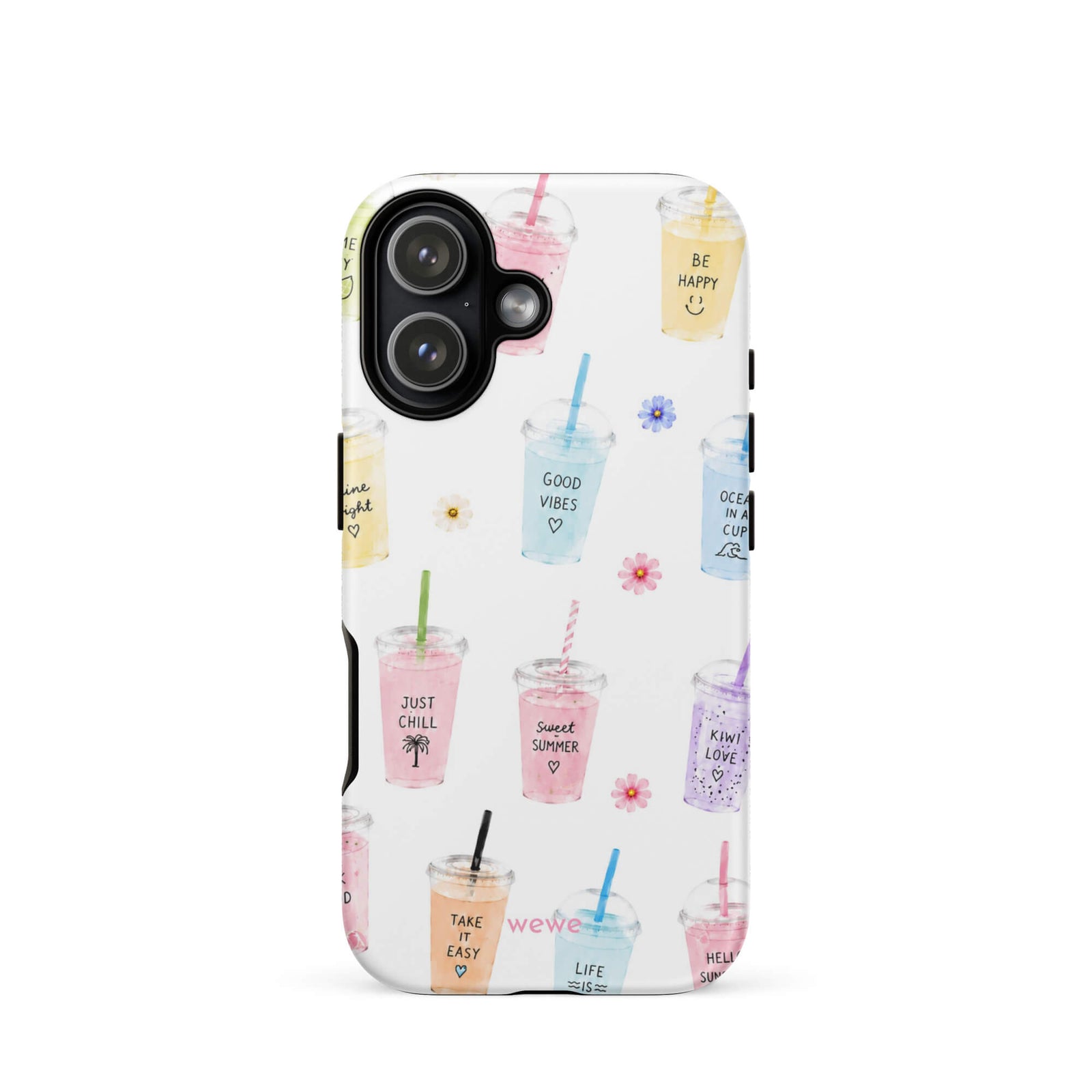 Cute Summer Drink Phone Case featuring colorful pastel iced coffees, fruity drinks, tiny flowers and handwritten good-vibes phrases on a soft white background