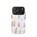 Cute Summer Drink Phone Case featuring colorful pastel iced coffees, fruity drinks, tiny flowers and handwritten good-vibes phrases on a soft white background