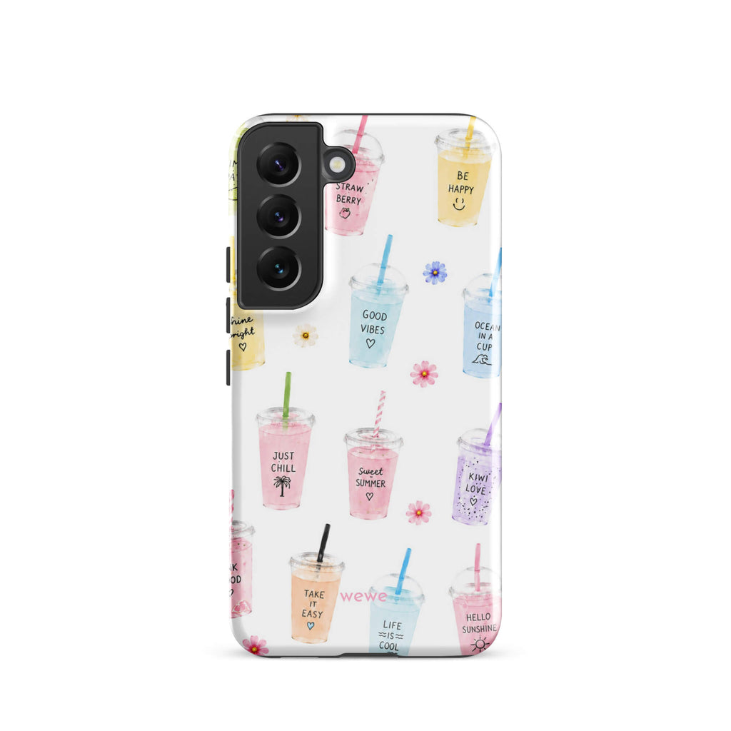 Cute Summer Drink Phone Case featuring colorful pastel iced coffees, fruity drinks, tiny flowers and handwritten good-vibes phrases on a soft white background