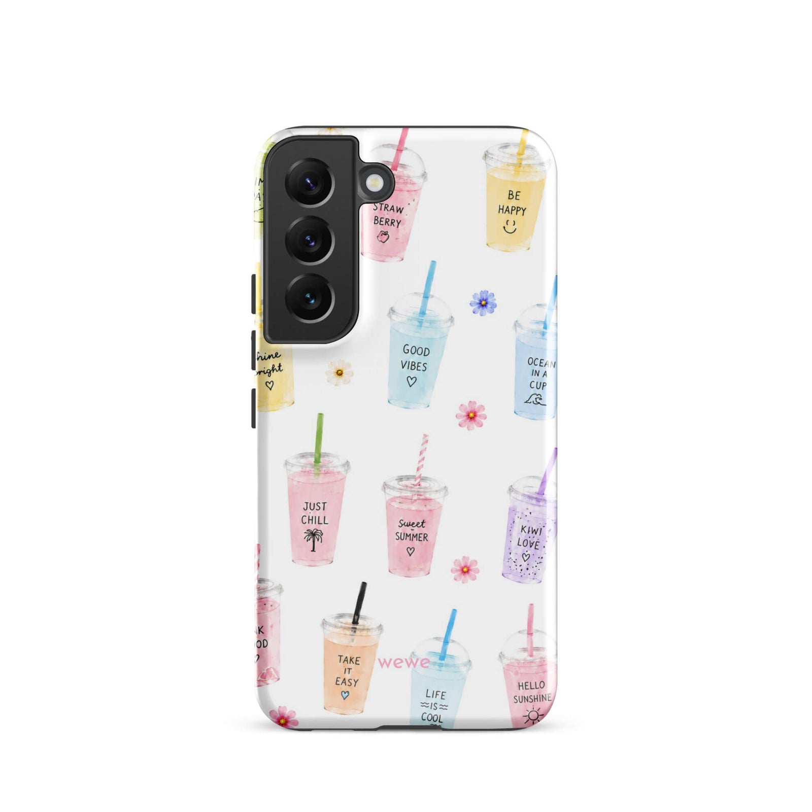 Cute Summer Drink Phone Case featuring colorful pastel iced coffees, fruity drinks, tiny flowers and handwritten good-vibes phrases on a soft white background