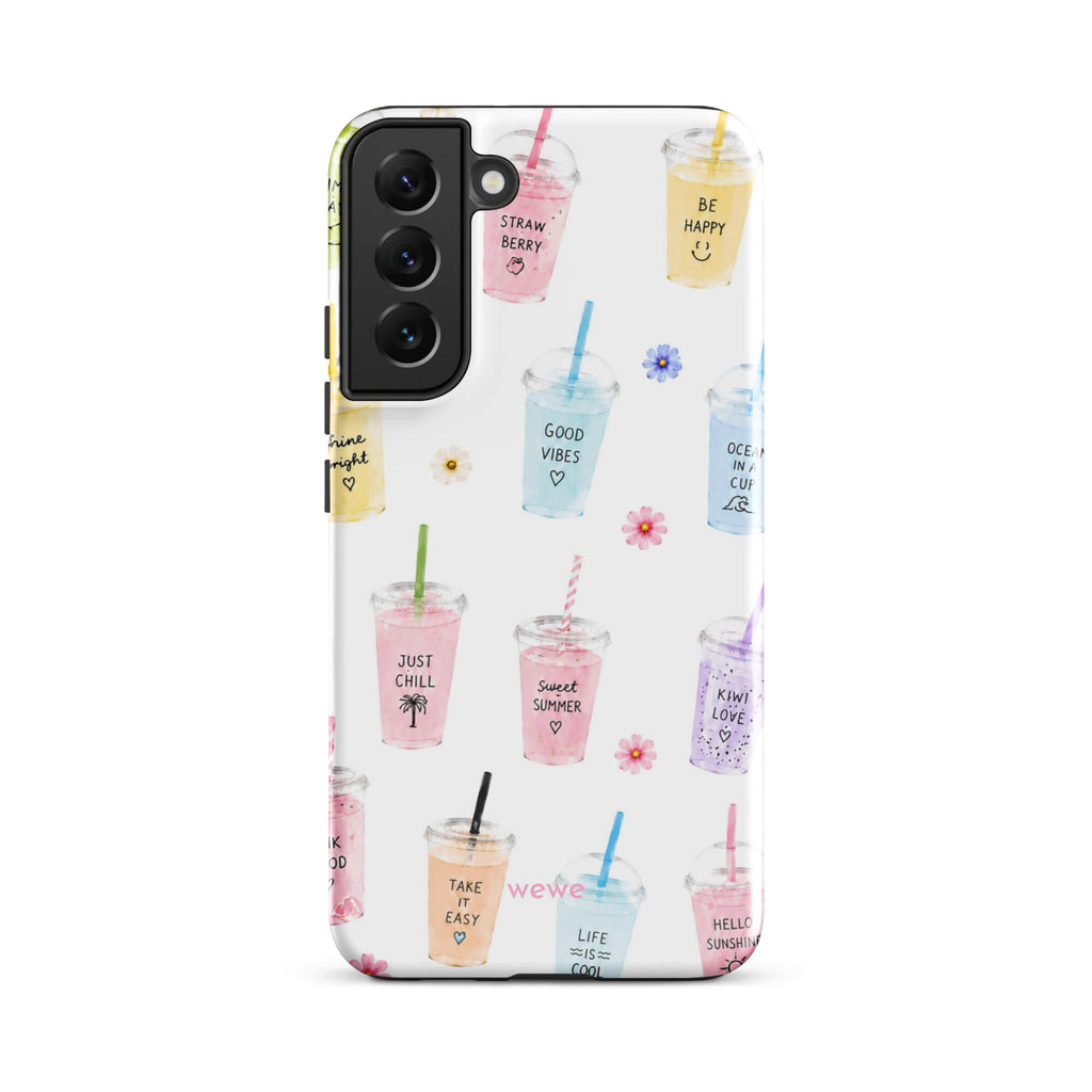 Cute Summer Drink Phone Case featuring colorful pastel iced coffees, fruity drinks, tiny flowers and handwritten good-vibes phrases on a soft white background