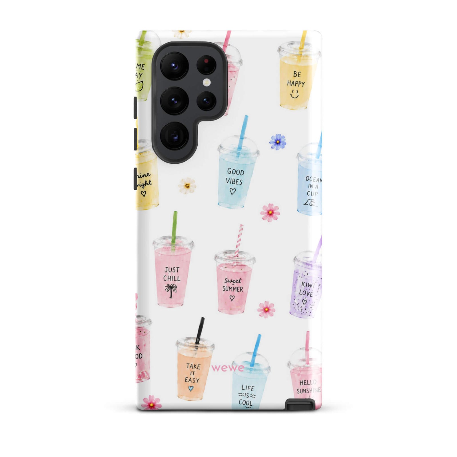 Cute Summer Drink Phone Case featuring colorful pastel iced coffees, fruity drinks, tiny flowers and handwritten good-vibes phrases on a soft white background