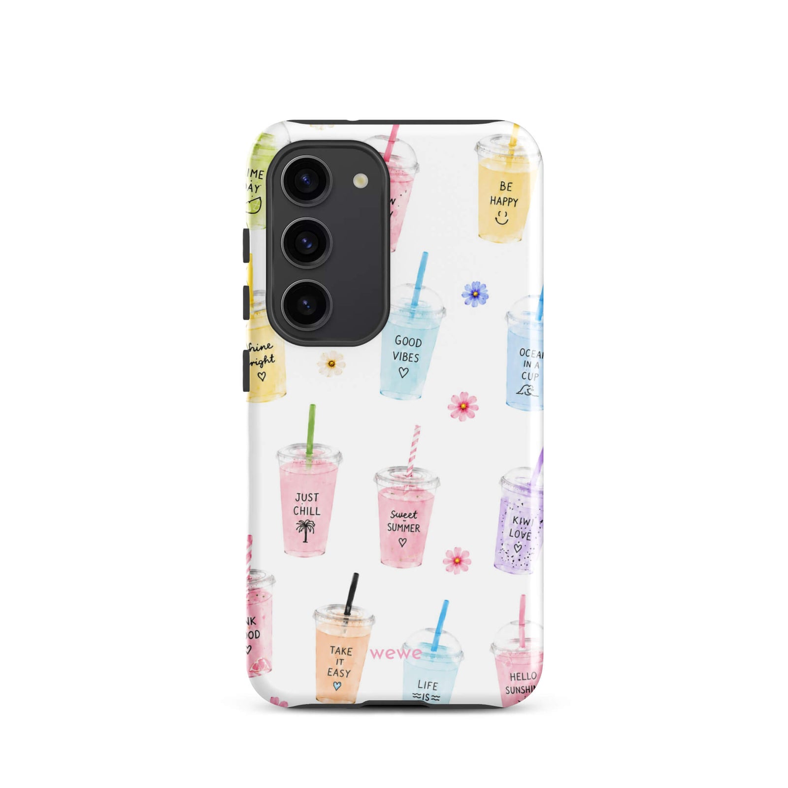 Cute Summer Drink Phone Case featuring colorful pastel iced coffees, fruity drinks, tiny flowers and handwritten good-vibes phrases on a soft white background
