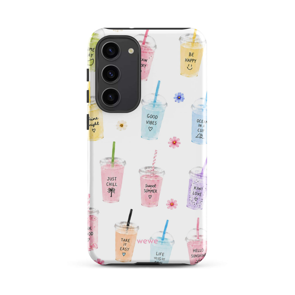 Cute Summer Drink Phone Case featuring colorful pastel iced coffees, fruity drinks, tiny flowers and handwritten good-vibes phrases on a soft white background